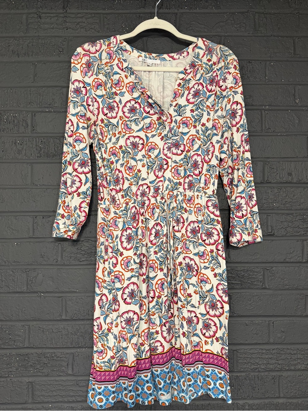 DR2 Cream Floral Tie-Waist Long Sleeve Dress with Pink & Blue Accents